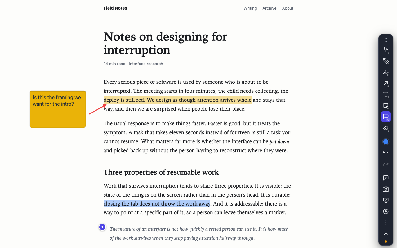 The same article with a highlight, an arrow, a sticky note and a comment pin drawn on it.