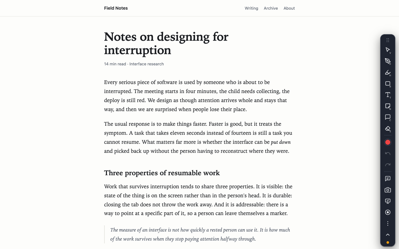 A plain web article with the extension's floating toolbar and nothing drawn on it.