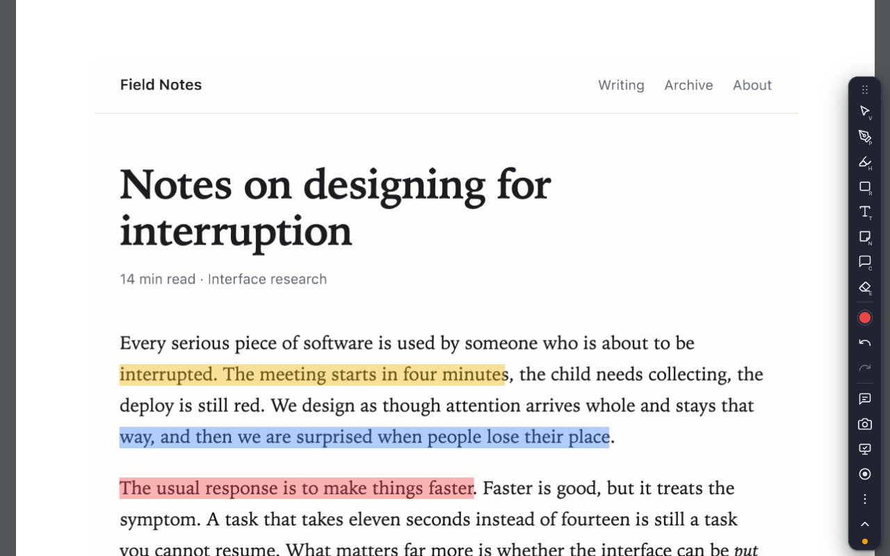 A PDF open in the extension's own viewer with three passages highlighted in yellow, blue and red.