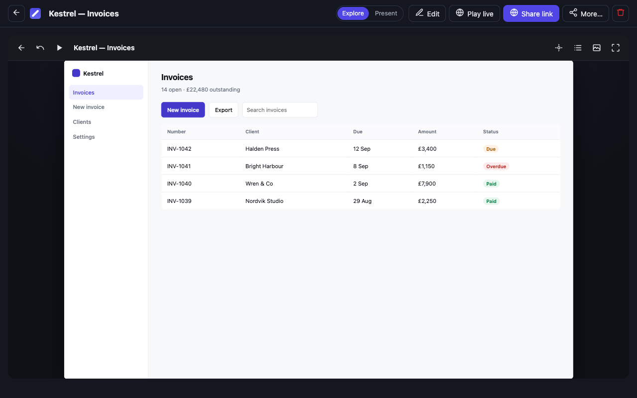 The Replayink player showing a recorded invoicing app in Explore mode, with Explore, Present, Edit, Play live and Share link buttons along the top.